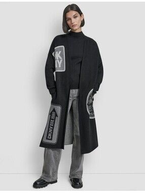 Dkny Black Long Open-Front Cardigan with Gray Logo Patches NWT Meduim/Large